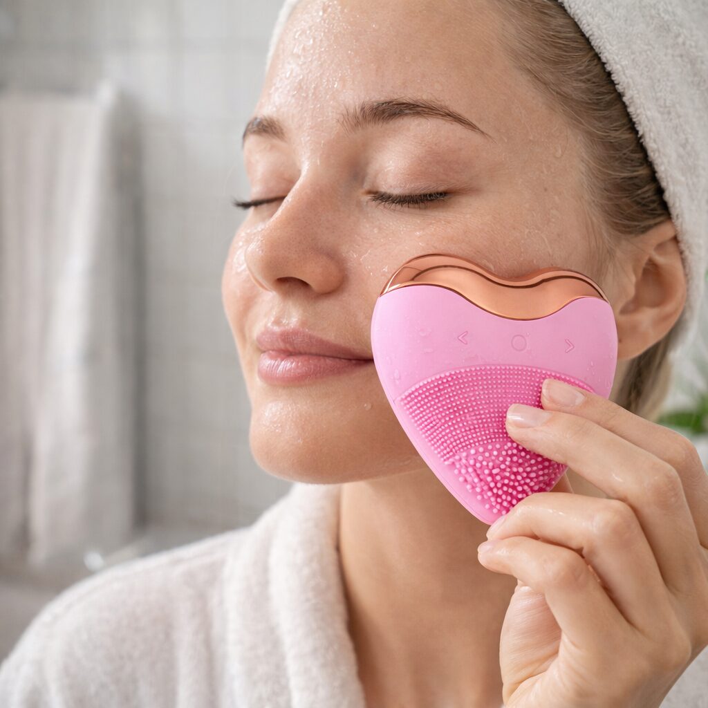 Limpiador facial en forma de corazón rosa con bordes dorados y cerdas suaves, usado por mujer en rutina de cuidado.
