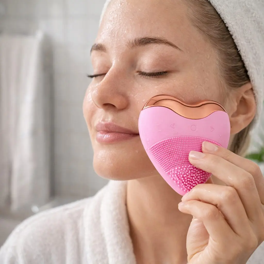 Limpiador facial en forma de corazón rosa con bordes dorados y cerdas suaves, usado por mujer en rutina de cuidado.