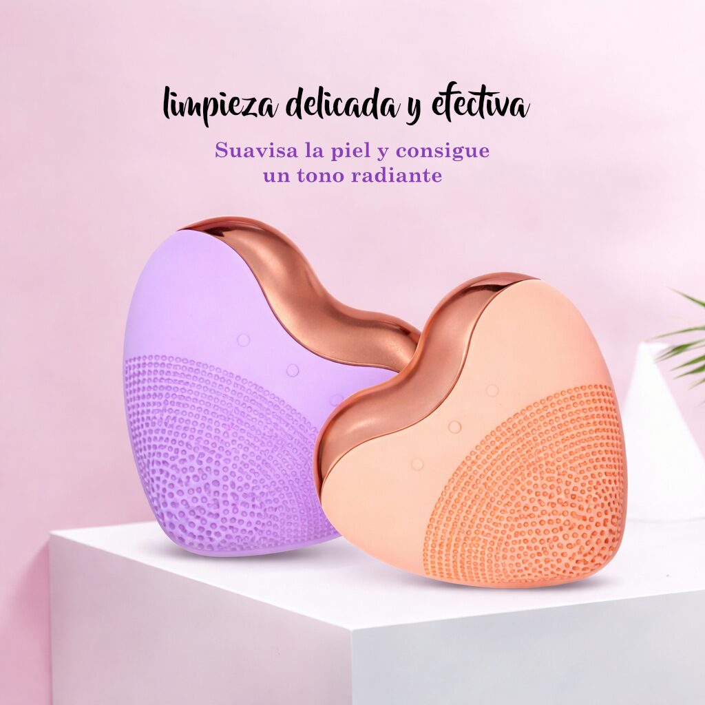 Limpiador facial en forma de corazón púrpura y durazno, con vibraciones suaves y textura punteada, para piel radiante.