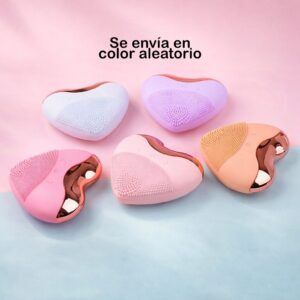 Limpiador facial eléctrico en forma de corazón, colores pastel: blanco, lila, rosa y naranja, con detalles dorados.