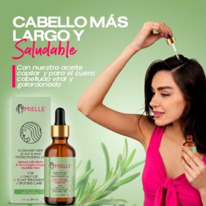 Mujer aplicando Serum Fortalecedor Capilar Mielle en cuero cabelludo, tarro ámbar 59ml.