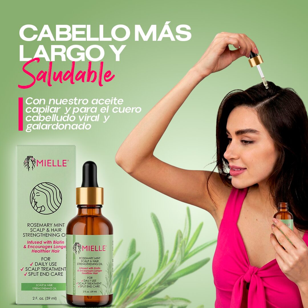 Mujer aplicando Serum Fortalecedor Capilar Mielle en cuero cabelludo, tarro ámbar 59ml.