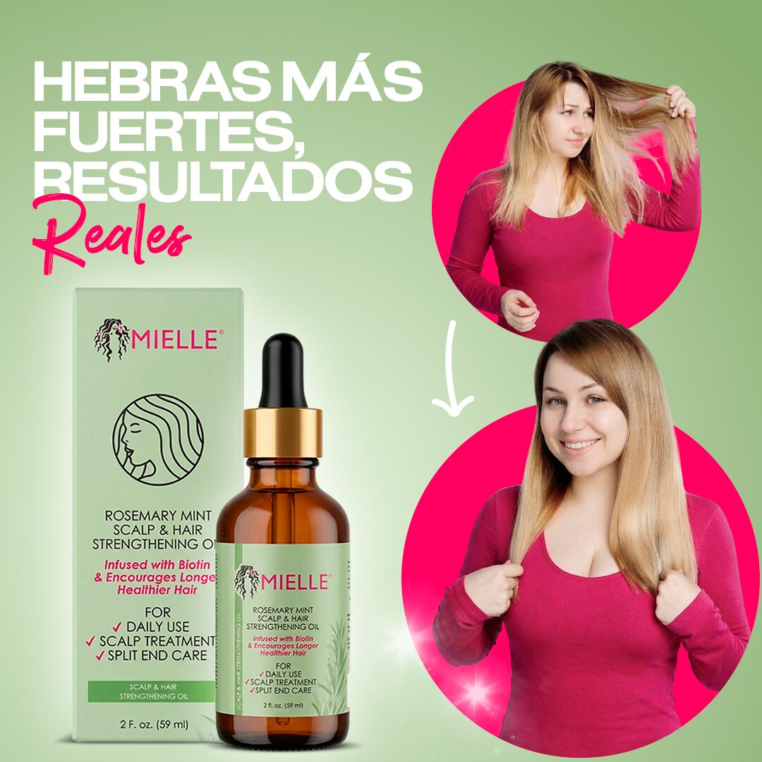 Serum Mielle Rosemary Mint 59ml, fortalecedor capilar, uso diario y tratamiento. Antes y después del uso.