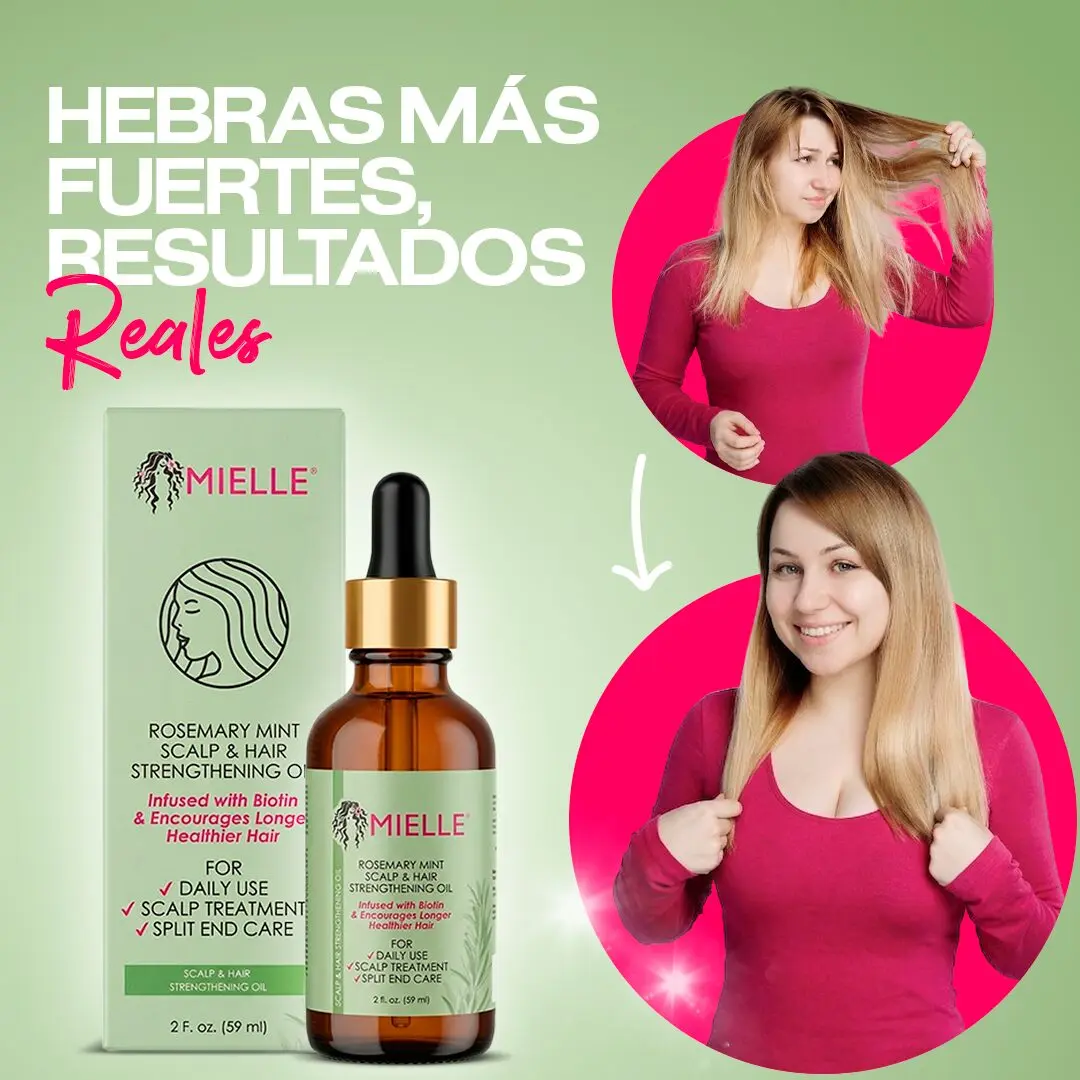 Serum Mielle Rosemary Mint 59ml, fortalecedor capilar, uso diario y tratamiento. Antes y después del uso.