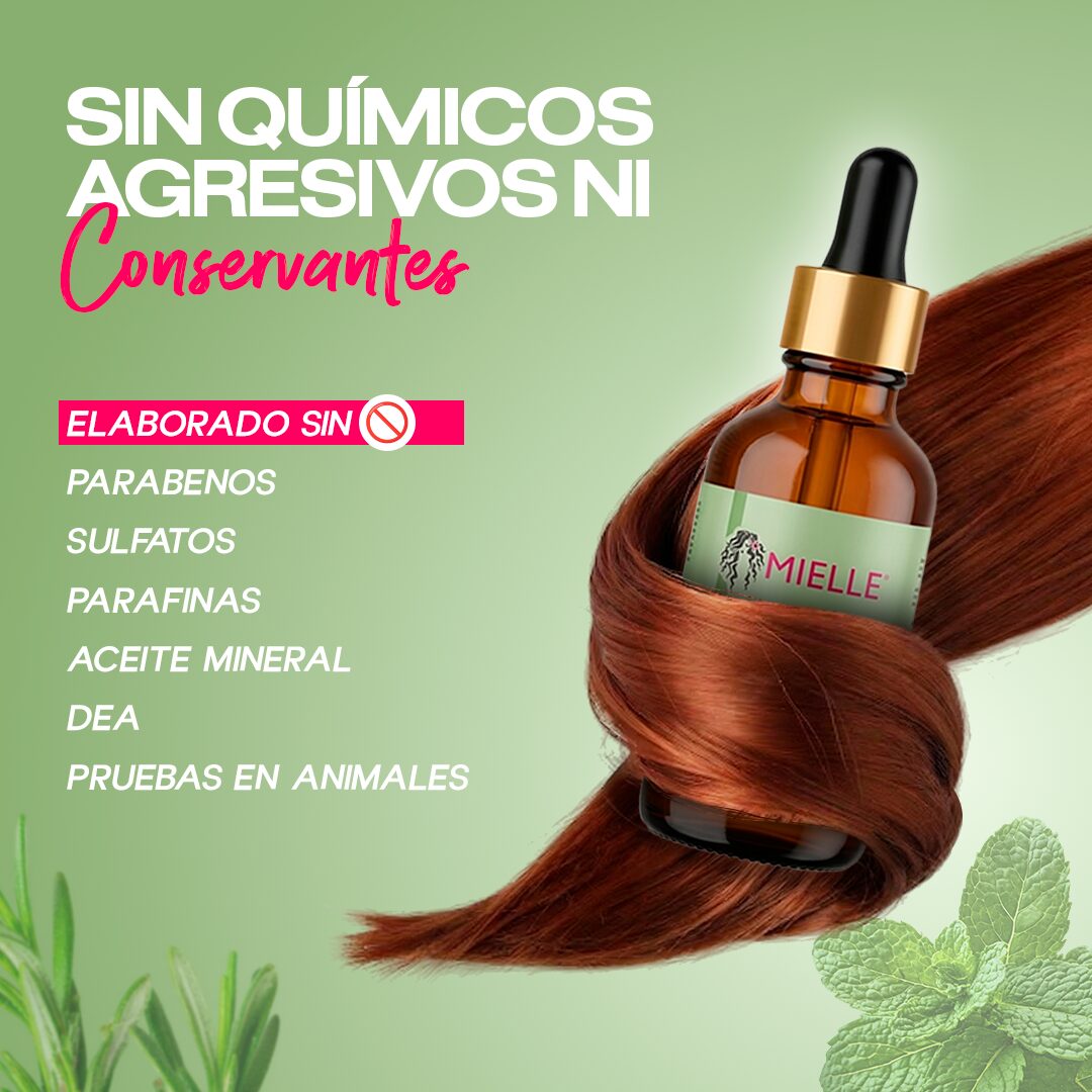 Serum Mielle sin químicos agresivos ni conservantes, ideal para cabello, con ingredientes naturales.