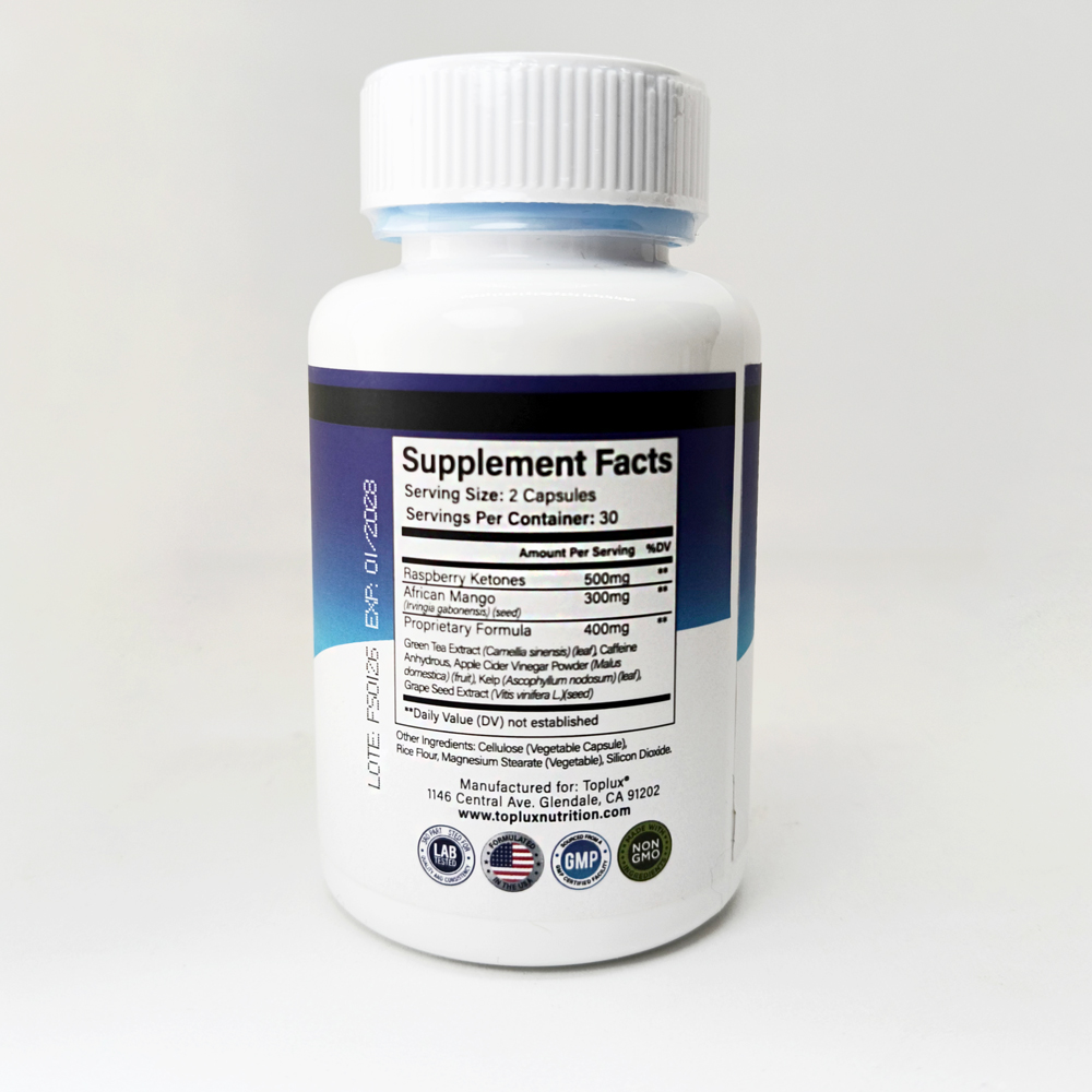 Suplemento Keto Burn Adelgazante en frasco blanco con etiqueta azul, mostrando información nutricional y fecha de vencimiento 01/2028.