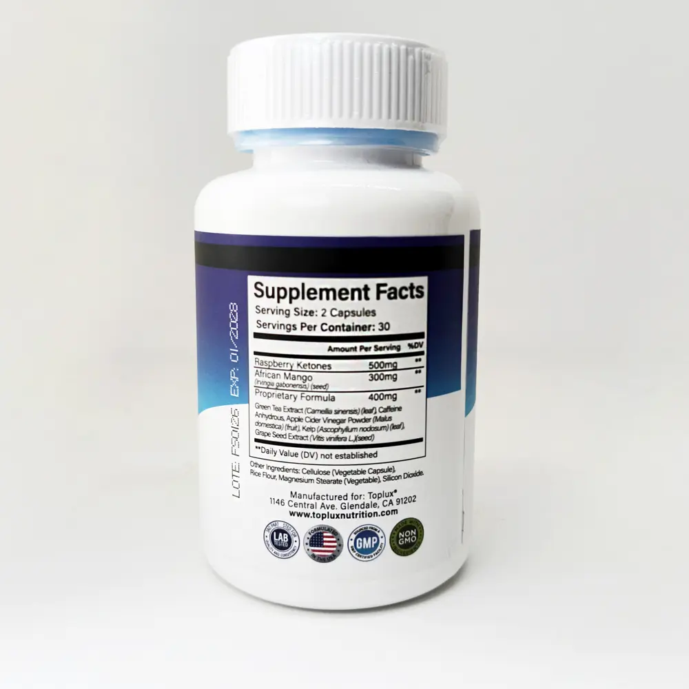 Suplemento Keto Burn Adelgazante en frasco blanco con etiqueta azul, mostrando información nutricional y fecha de vencimiento 01/2028.