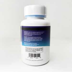 Botella blanca de suplemento Keto Burn Adelgazante con etiqueta azul y blanca, vista posterior.