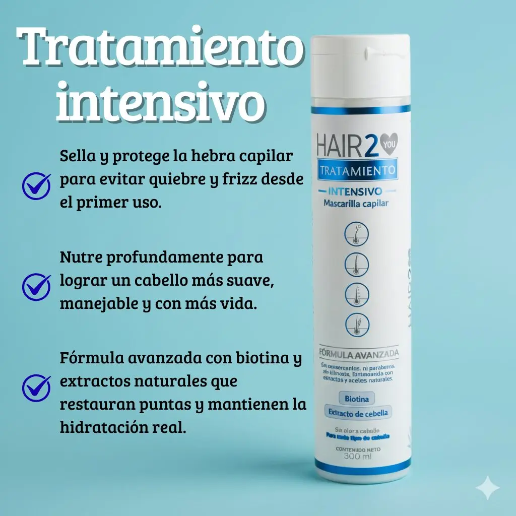 Tratamiento intensivo capilar HAIR2YOU, sella, protege y nutre el cabello. Contenido neto 300 ml.
