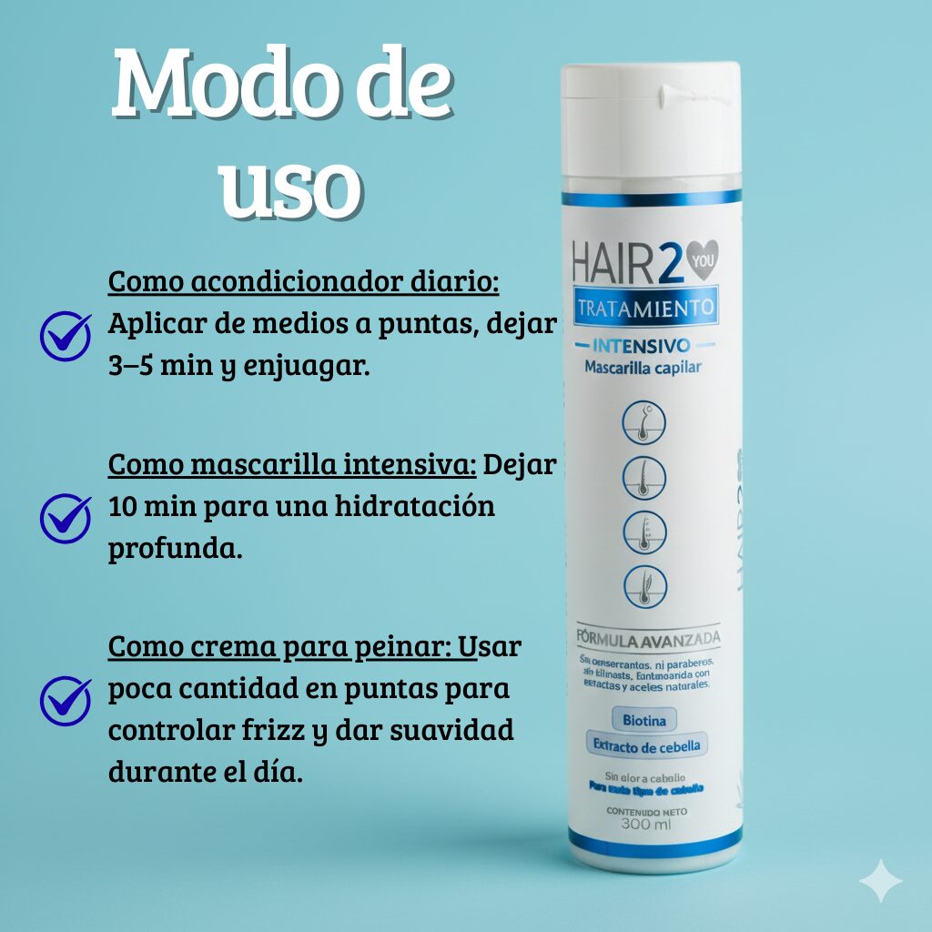 Tratamiento capilar intensivo HAIR2YOU en botella blanca y azul, con instrucciones de uso para acondicionador, mascarilla y crema para peinar.