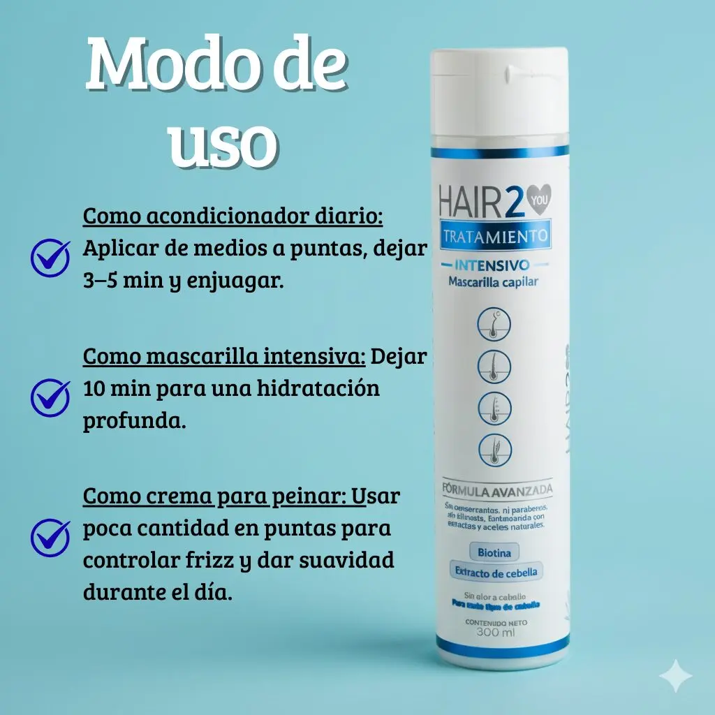 Tratamiento capilar intensivo HAIR2YOU en botella blanca y azul, con instrucciones de uso para acondicionador, mascarilla y crema para peinar.