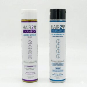 Dos botellas de shampoo y tratamiento anticaída HAIR2YOU, 300 ml cada una, con fórmulas avanzadas y extractos naturales.