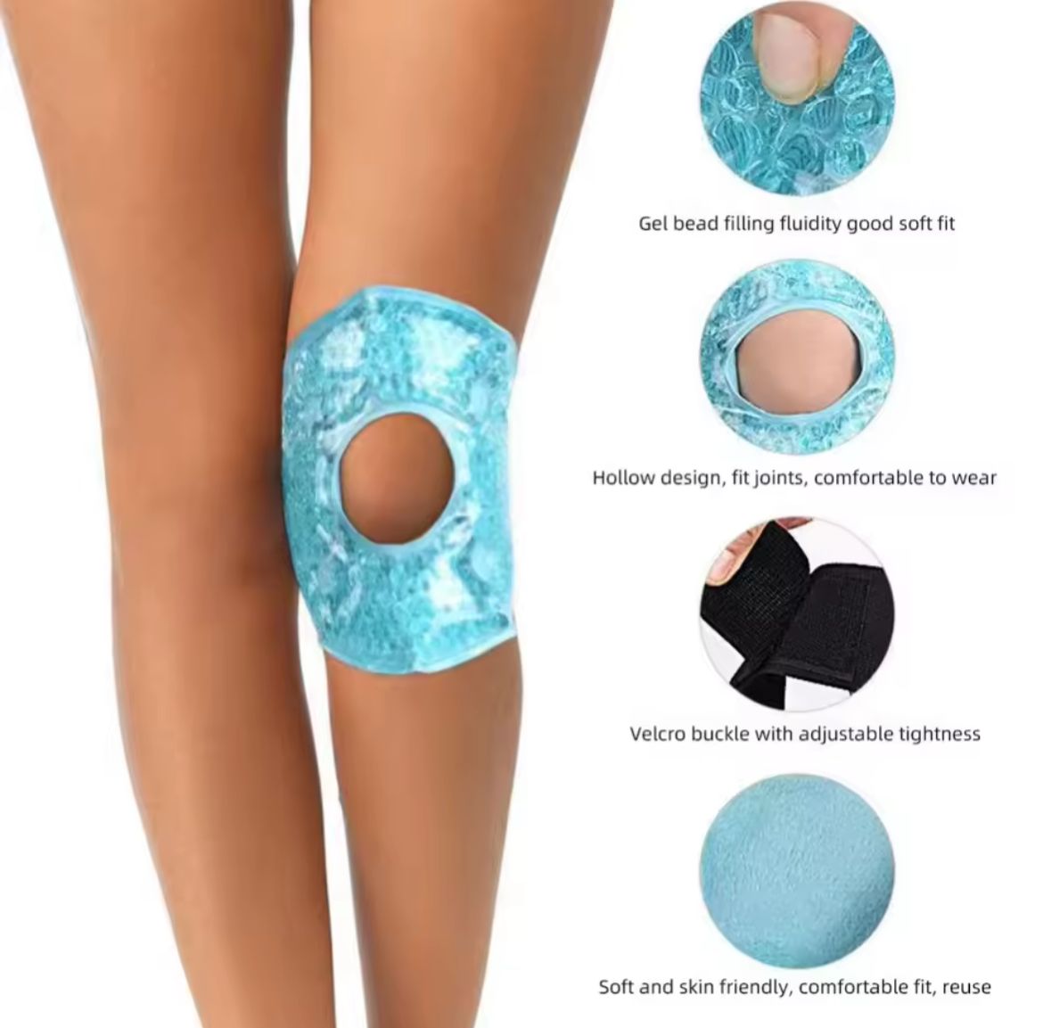 Rodillera de gel azul con hueco para rótula, ajustable con velcro, ideal para aliviar dolor e inflamación.