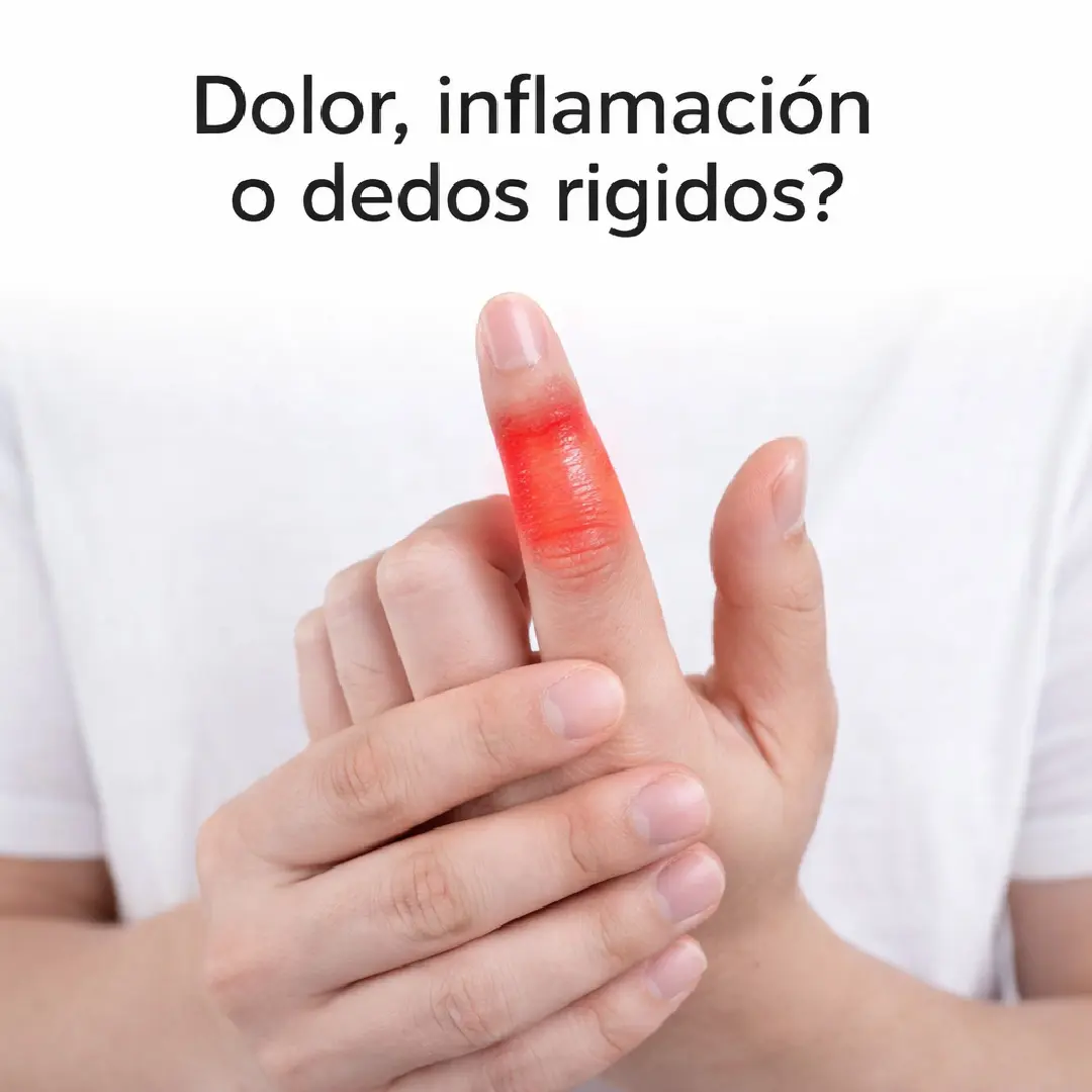 Dedos con inflamación y dolor, resaltados en rojo, sobre fondo blanco.