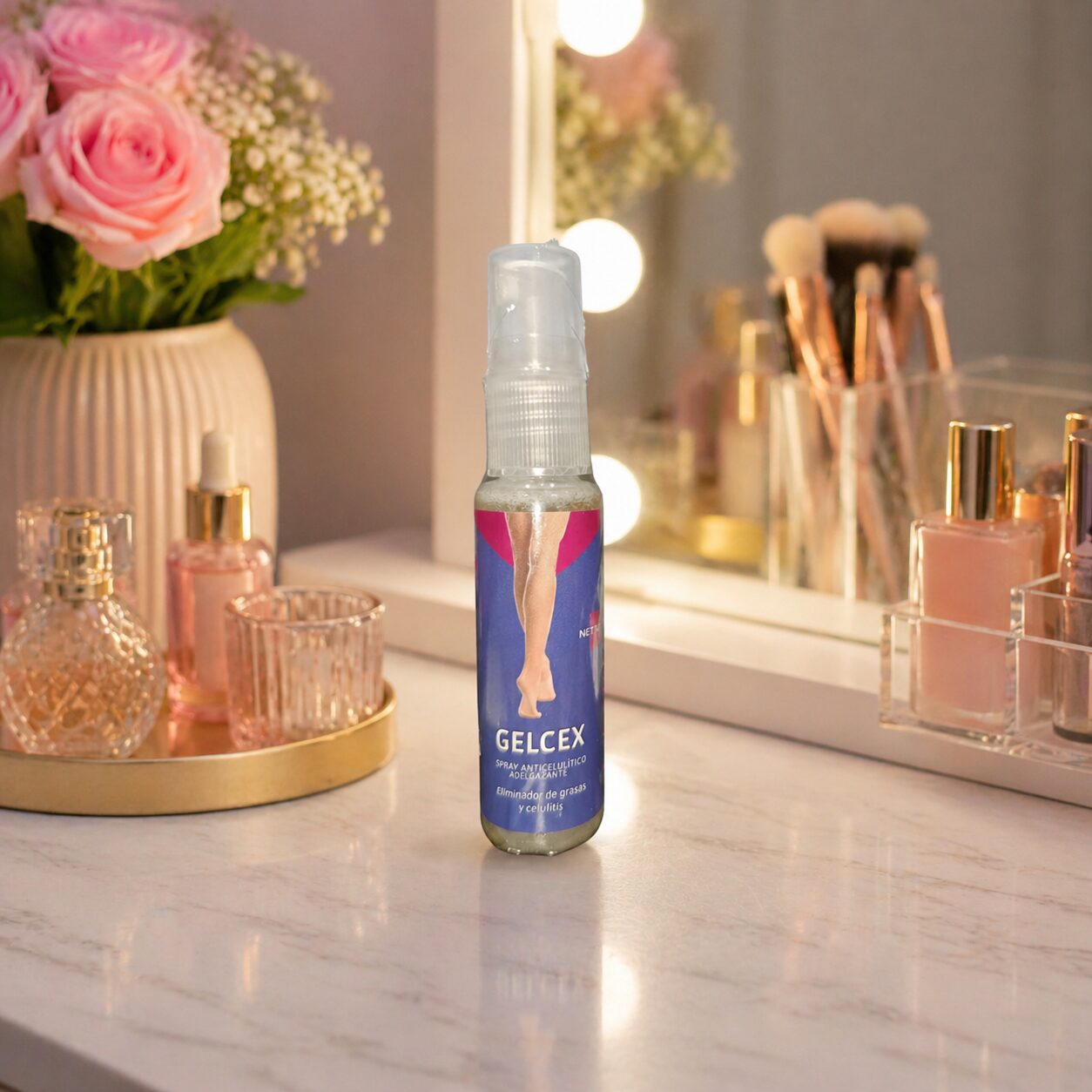 Spray adelgazante GelCex en envase transparente con etiqueta azul, mostrando piernas tonificadas. Ideal para reducir grasa y celulitis.