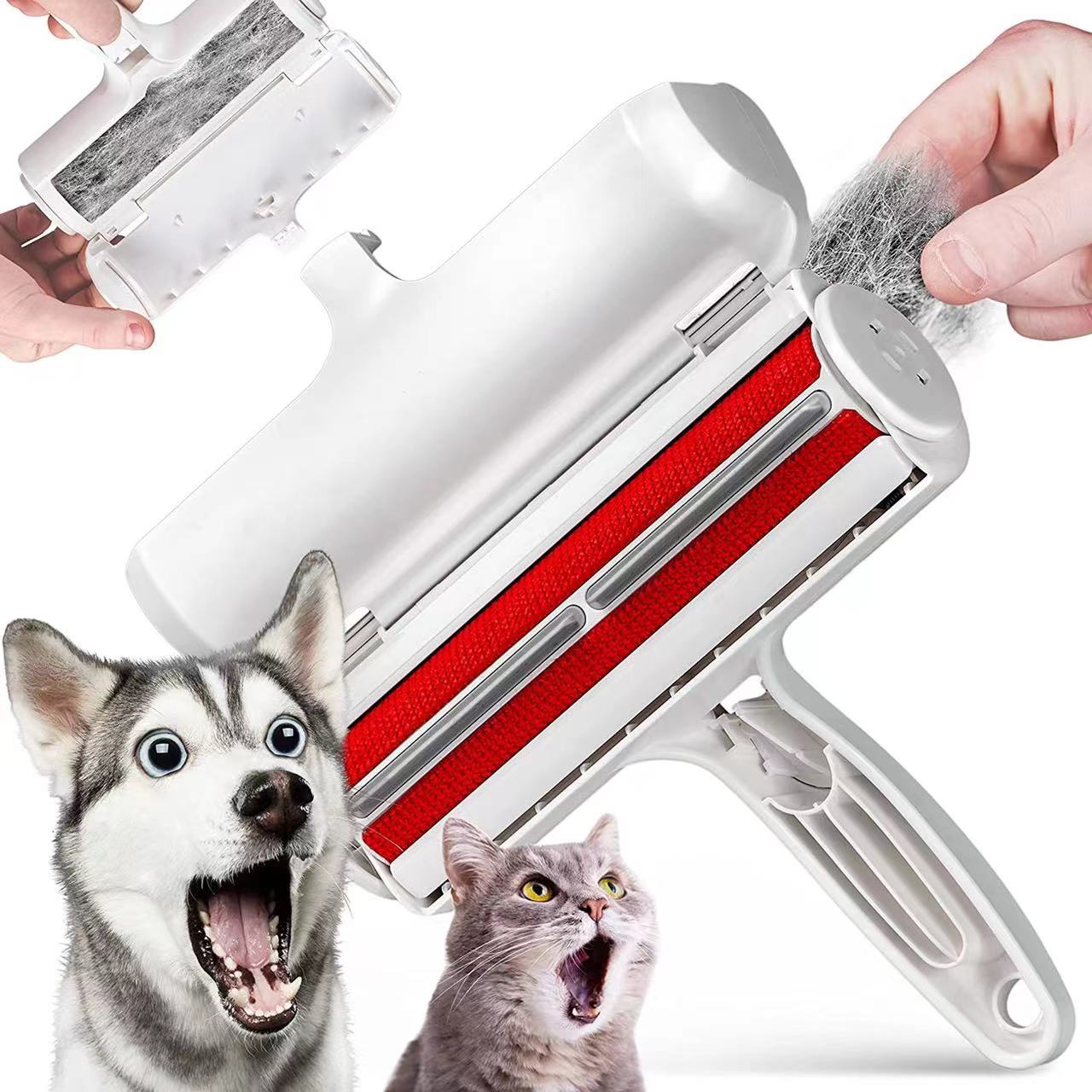 Rodillo quitapelusas blanco con rodillos rojos para mascotas, ideal para muebles.