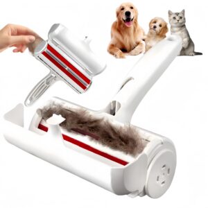 Rodillo blanco quita pelos de mascota con depósito, ideal para muebles y tapizados.