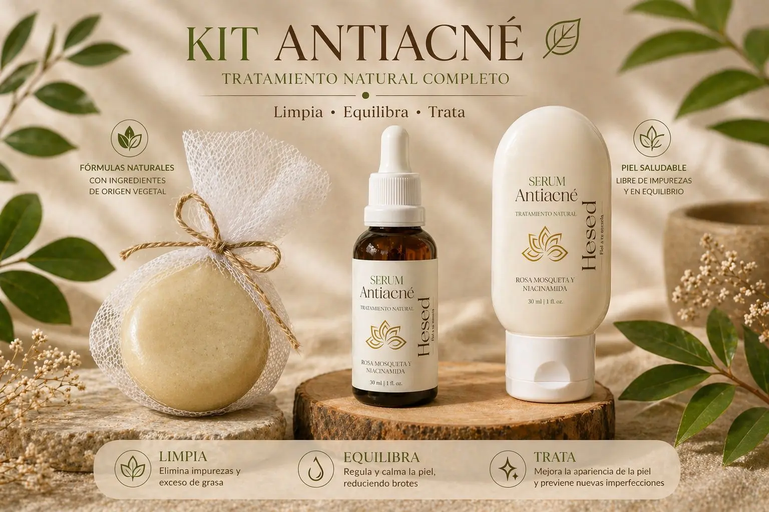 Kit Anti Acné Hesed con jabón, serum y loción para piel grasa, control de impurezas y brillo.