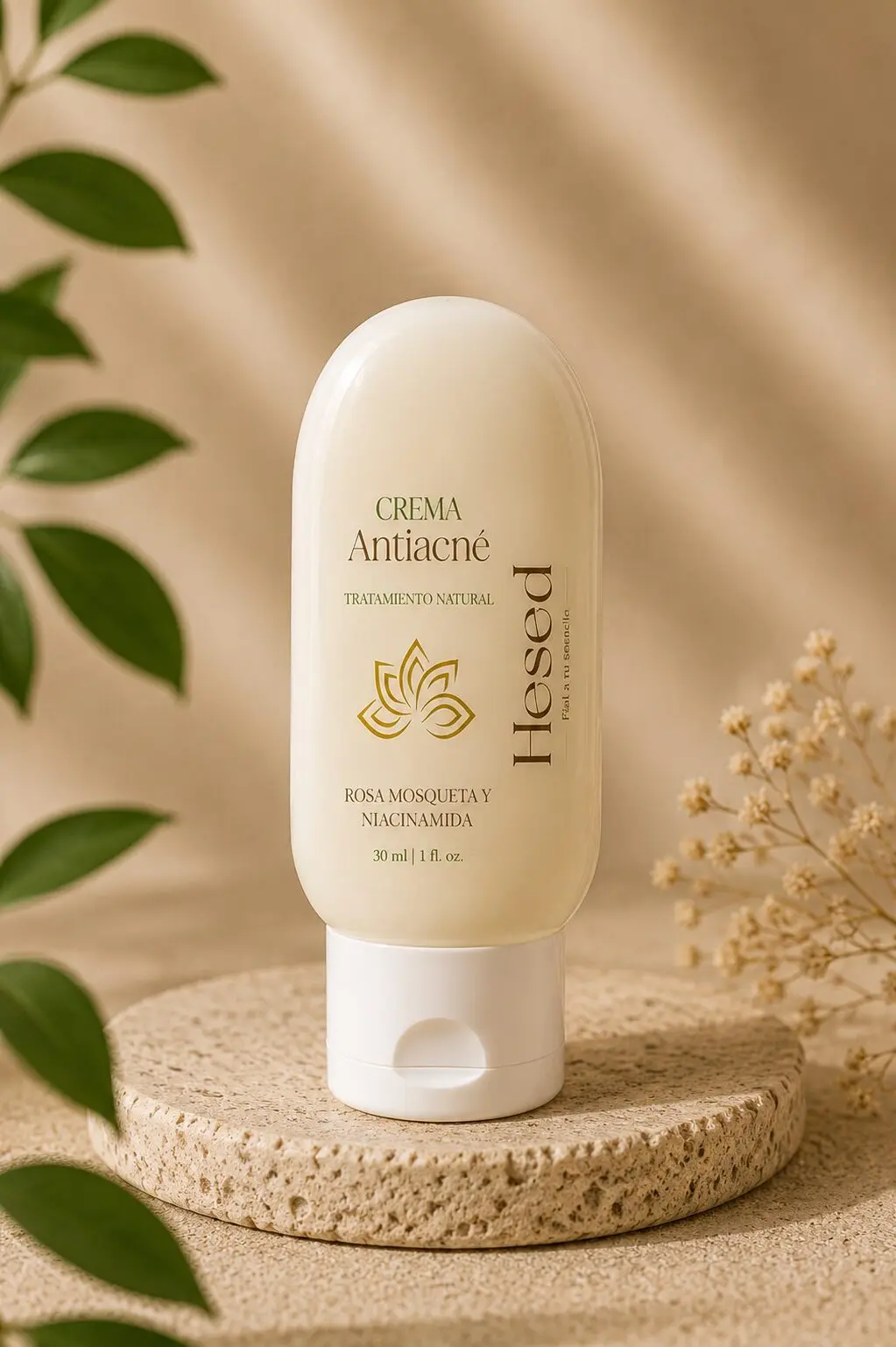 Crema antiacné Hesed 30 ml con rosa mosqueta y niacinamida, sobre base texturizada y hojas verdes.