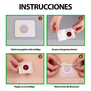 Instrucciones para aplicar parches adelgazantes en el ombligo: quitar adhesivo, arrancar protector, pegar en ombligo, retirar tira.