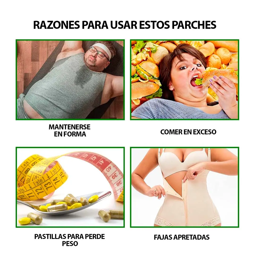 Set x2 parches adelgazantes transdérmicos, quema grasa y reduce hinchazón. Imágenes de ejercicio, comida, pastillas y fajas.