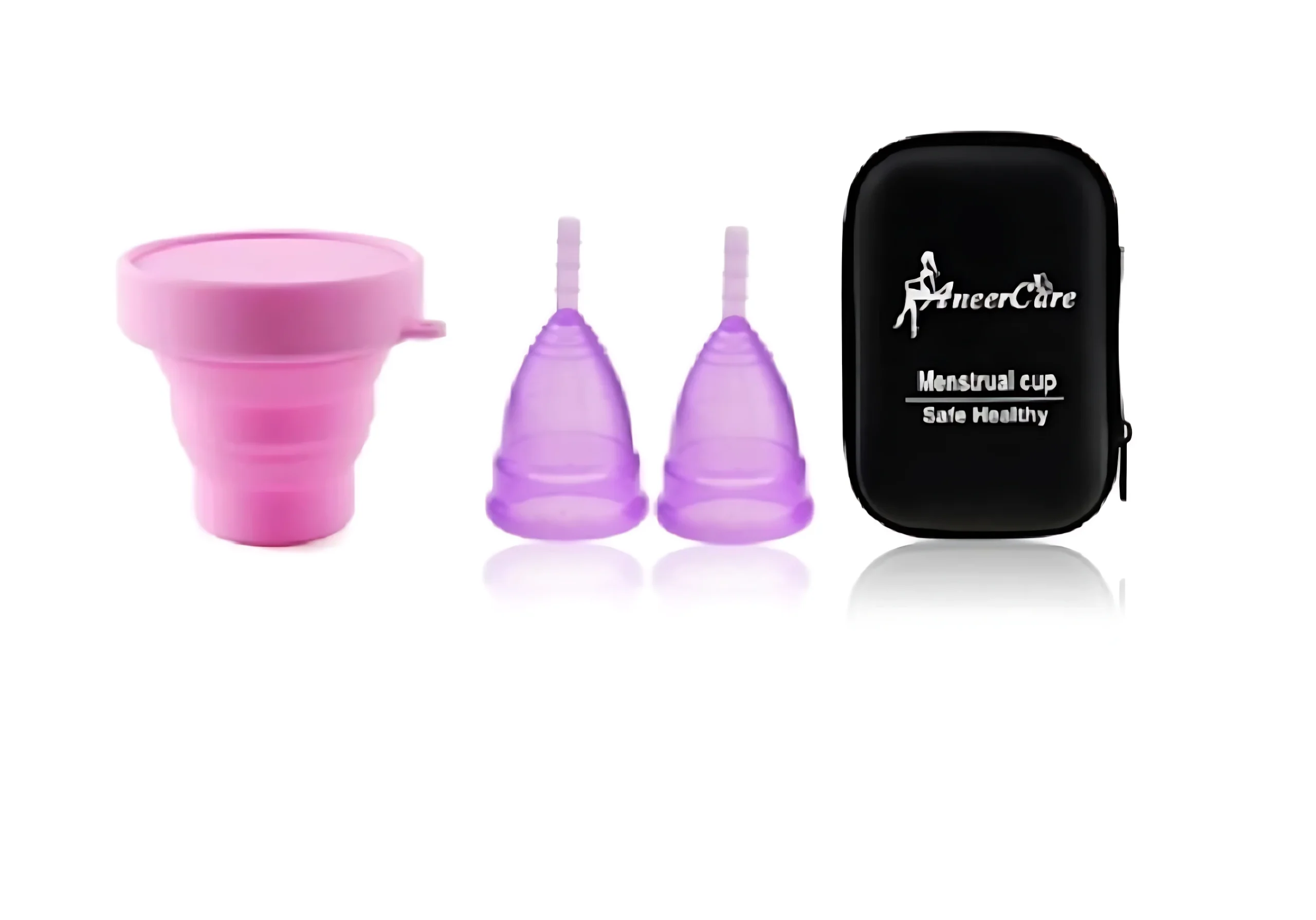 Set de 2 copas menstruales moradas translúcidas, 1 copa rosa plegable y estuche negro AneerCare para higiene femenina.