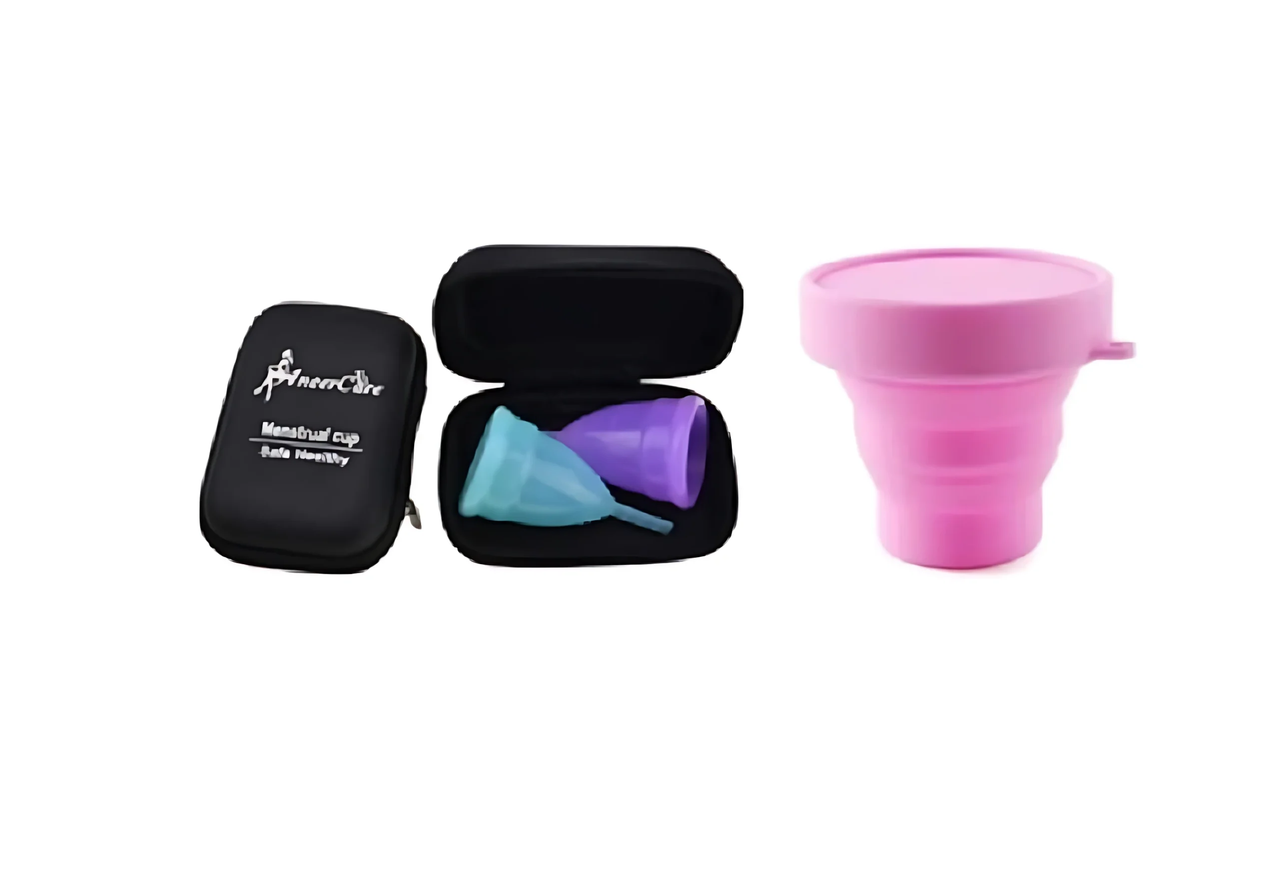 Set 2 copas menstruales Aneer, azul y lila, en estuche negro y esterilizador plegable rosa.