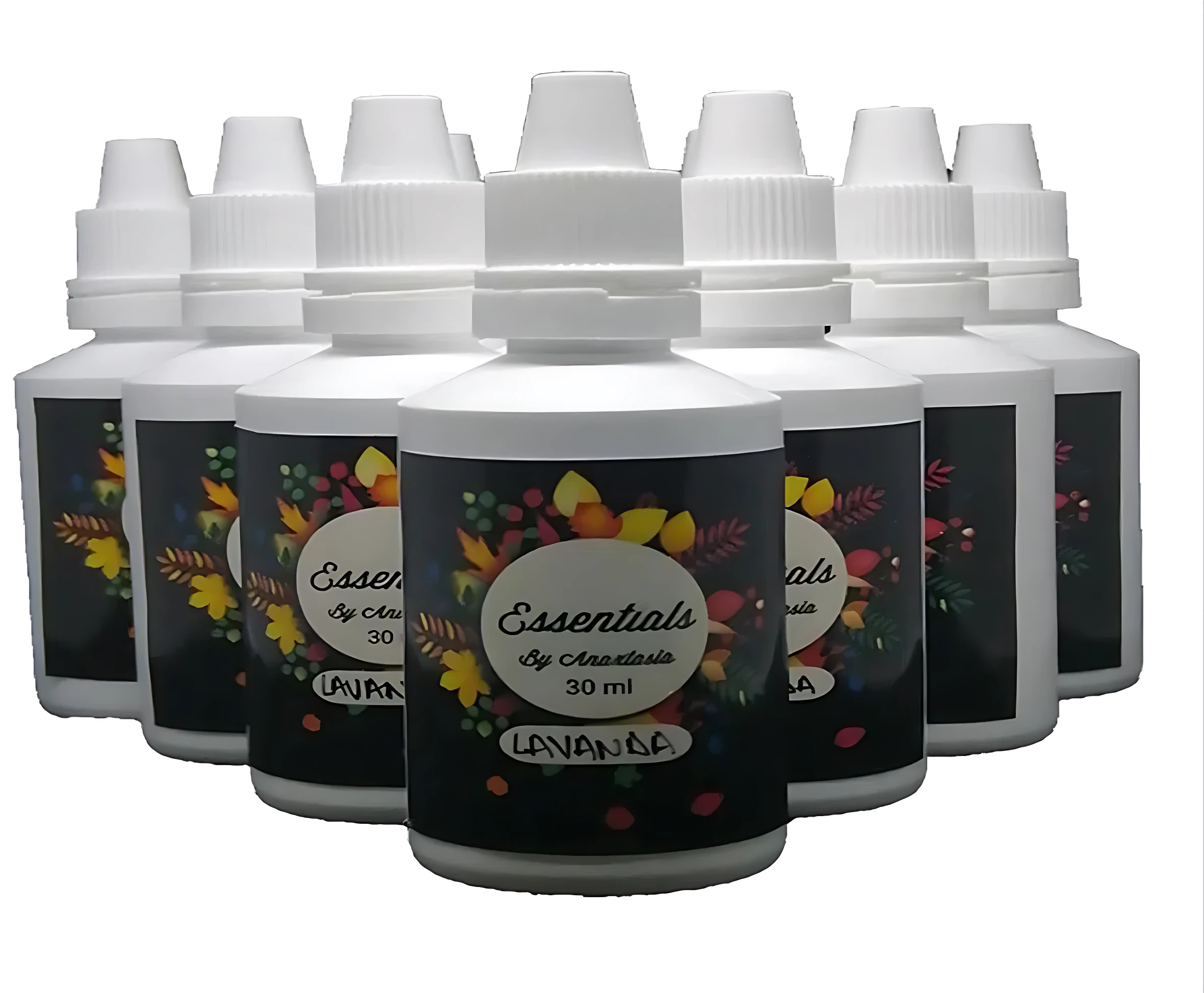 Set x6 esencias concentradas hidrosolubles Lavanda 30 ml, botellas blancas con etiqueta floral negra.