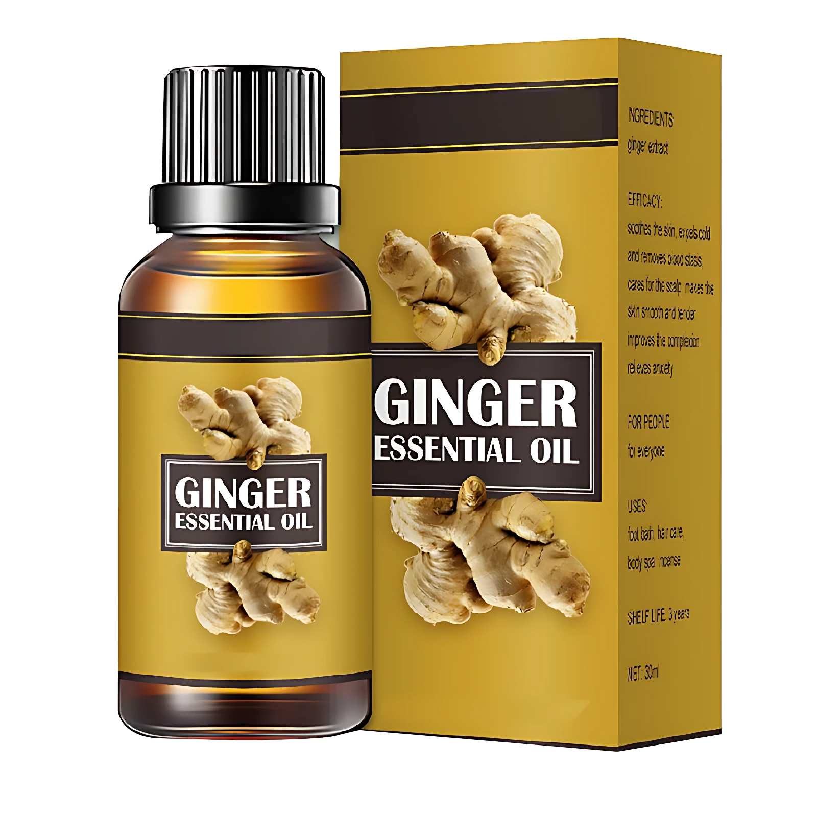 Aceite esencial de jengibre en botella ámbar con caja dorada, ideal para baño de pies, cabello y spa.