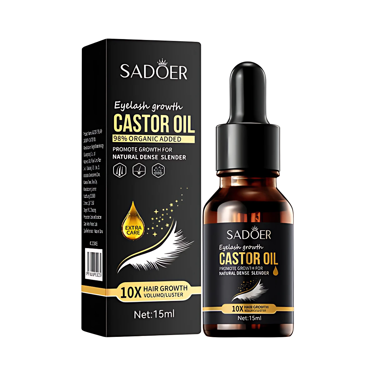 Aceite de ricino orgánico SADOER para crecimiento de pestañas, botella de 15ml con gotero, caja negra.