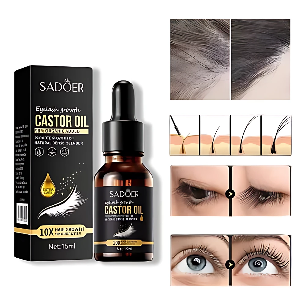 Aceite de ricino SADOER 15ml para crecimiento de pestañas y cabello, con antes y después.