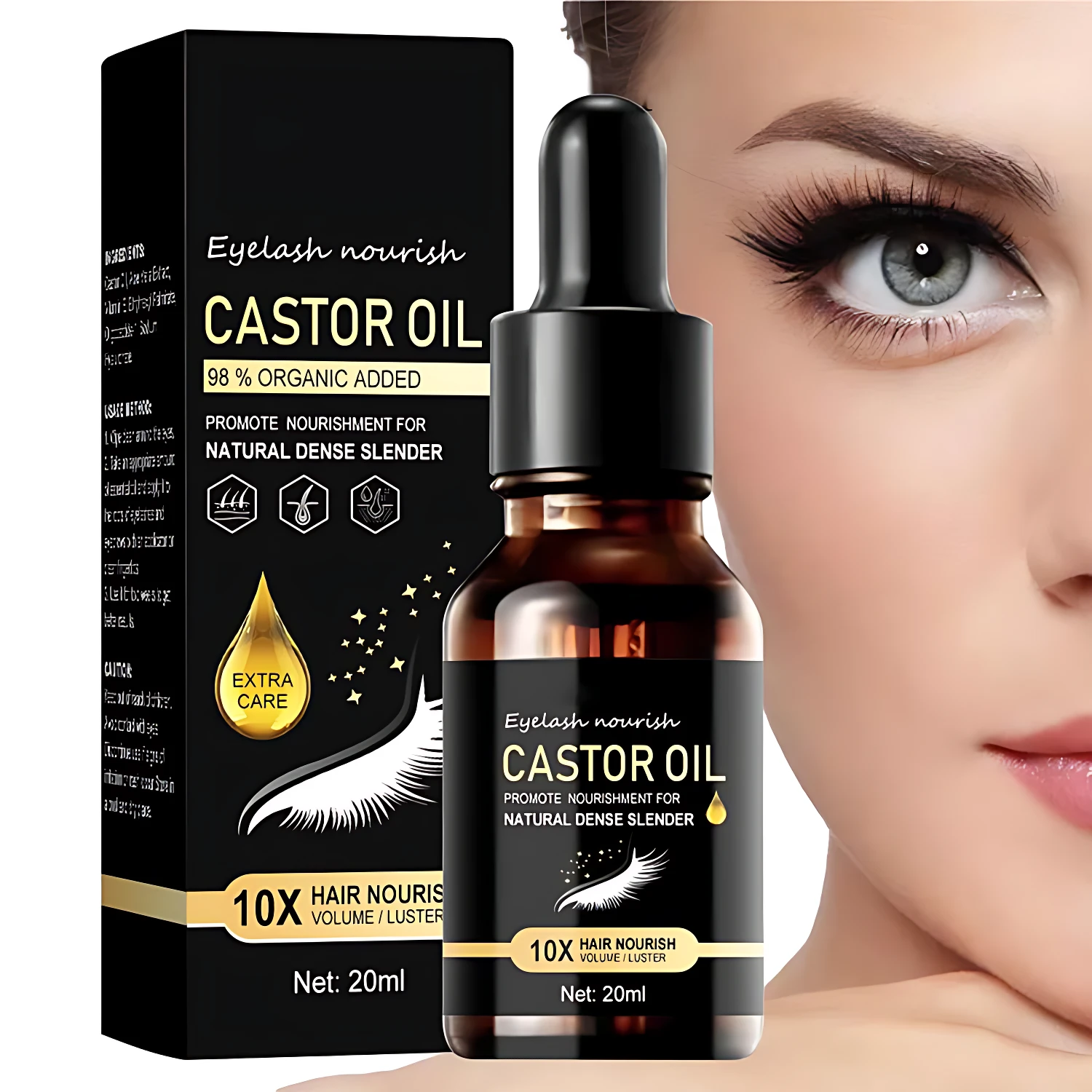 Aceite de ricino orgánico SADOER para pestañas, cabello y barba, 20ml. Promueve crecimiento y densidad.