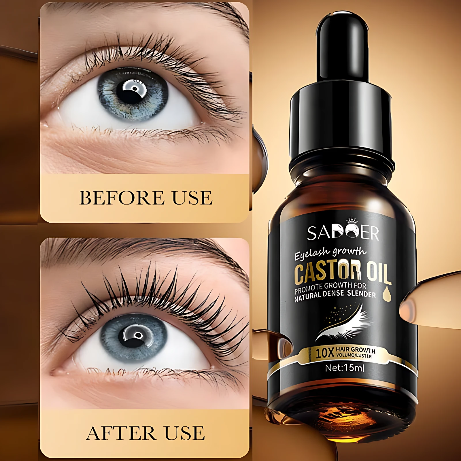 Aceite de ricino SADOER para crecimiento de pestañas, antes y después, 15ml.