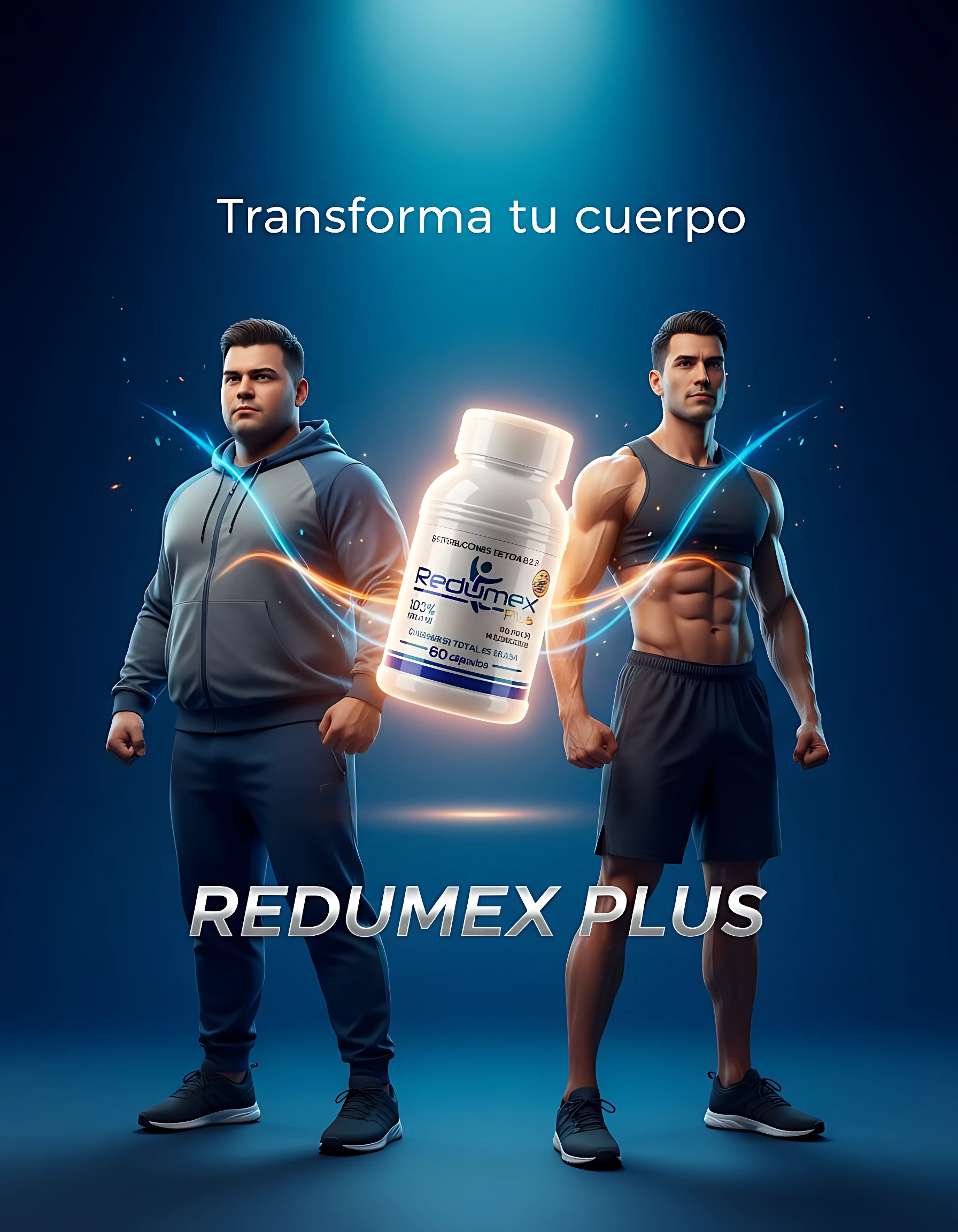 Hombres atléticos junto a frasco de Redumex Plus, suplemento termogénico para control de apetito y quema de grasa.