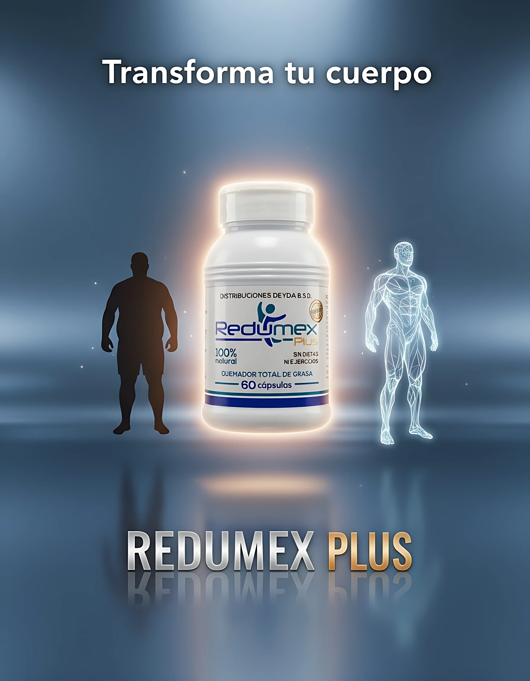 Redumex Plus: suplemento termogénico en frasco blanco con siluetas de cuerpos antes y después.