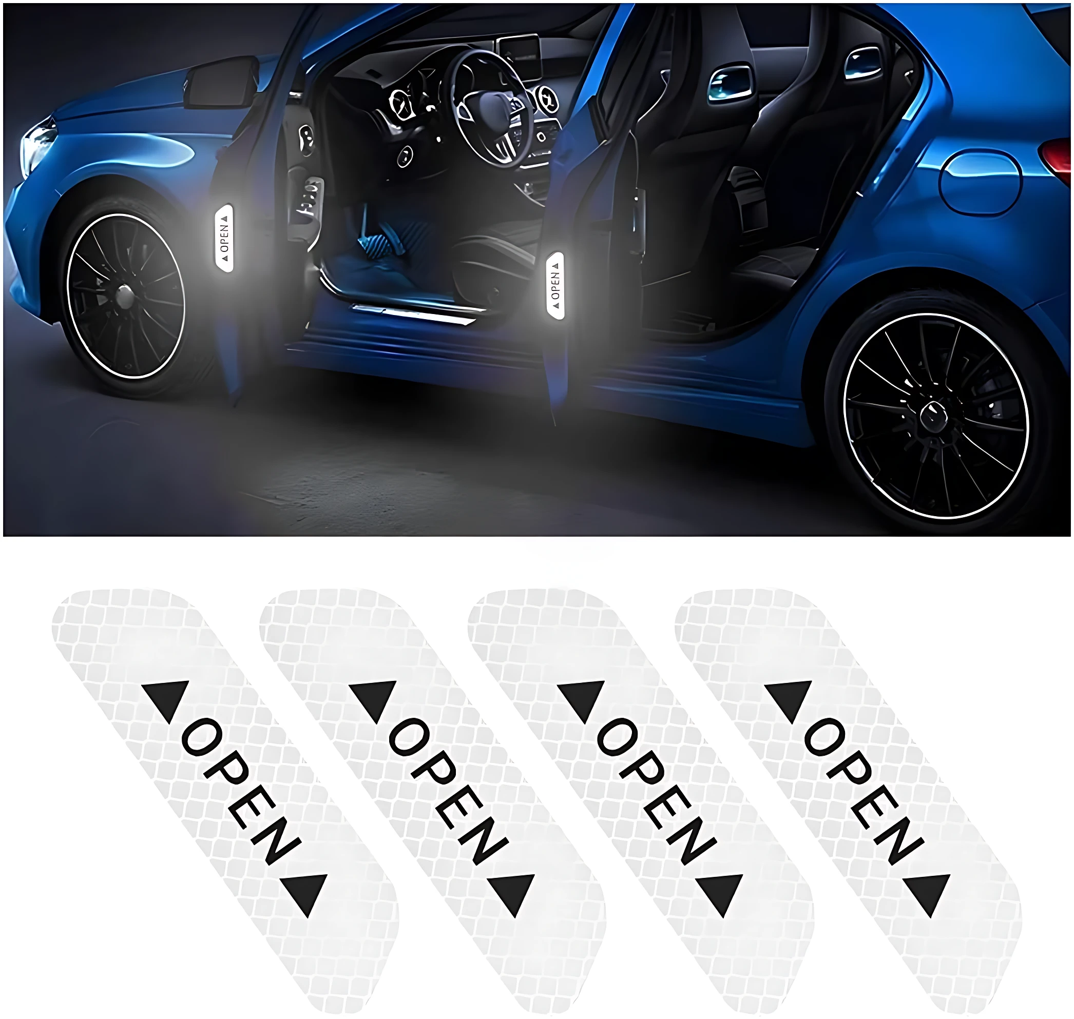 Adhesivo reflectivo para puerta de carro, diseño "OPEN", previene colisiones.