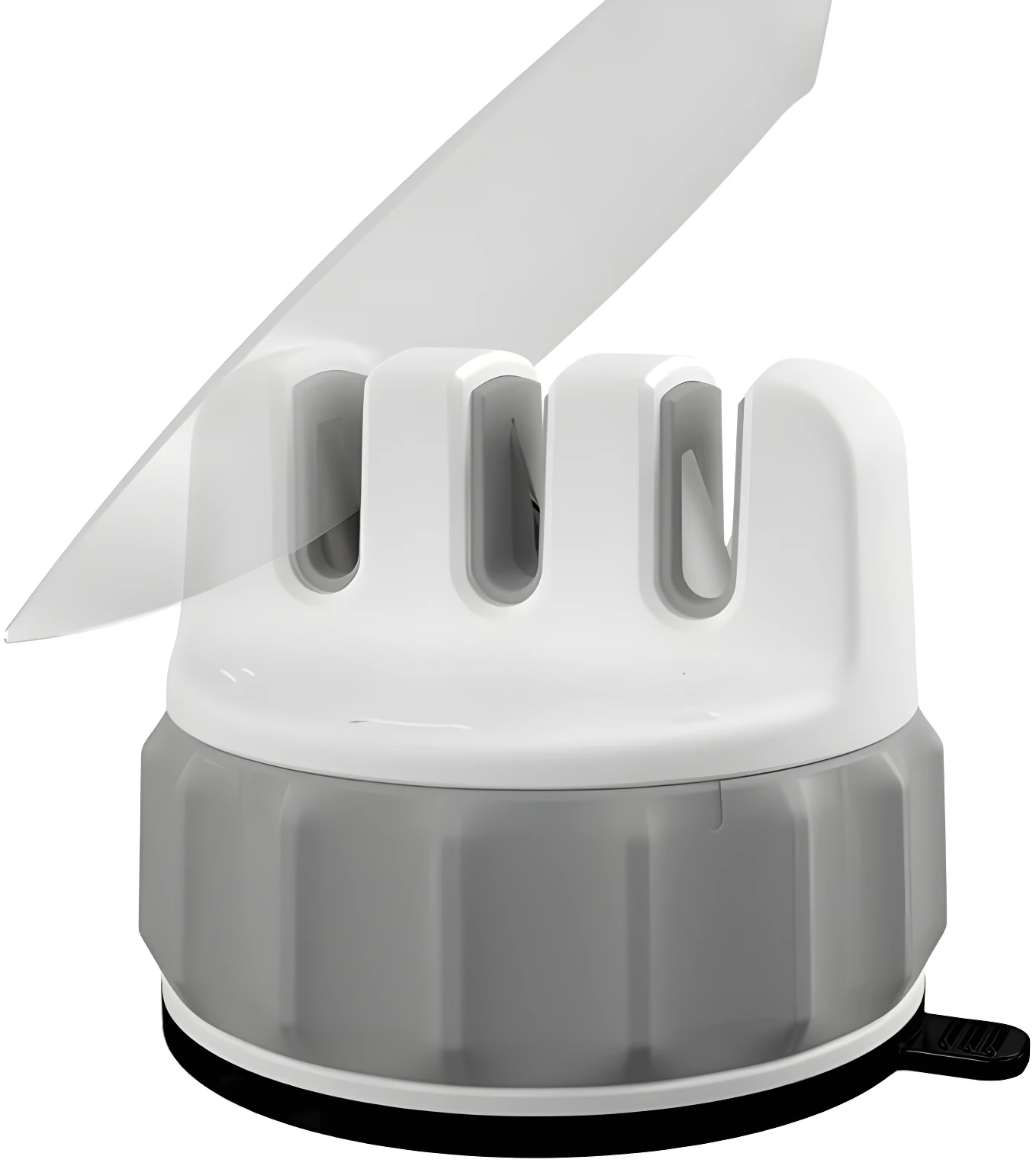 Afilador de cuchillos blanco y gris de 3 niveles con cuchilla de metal en uso.