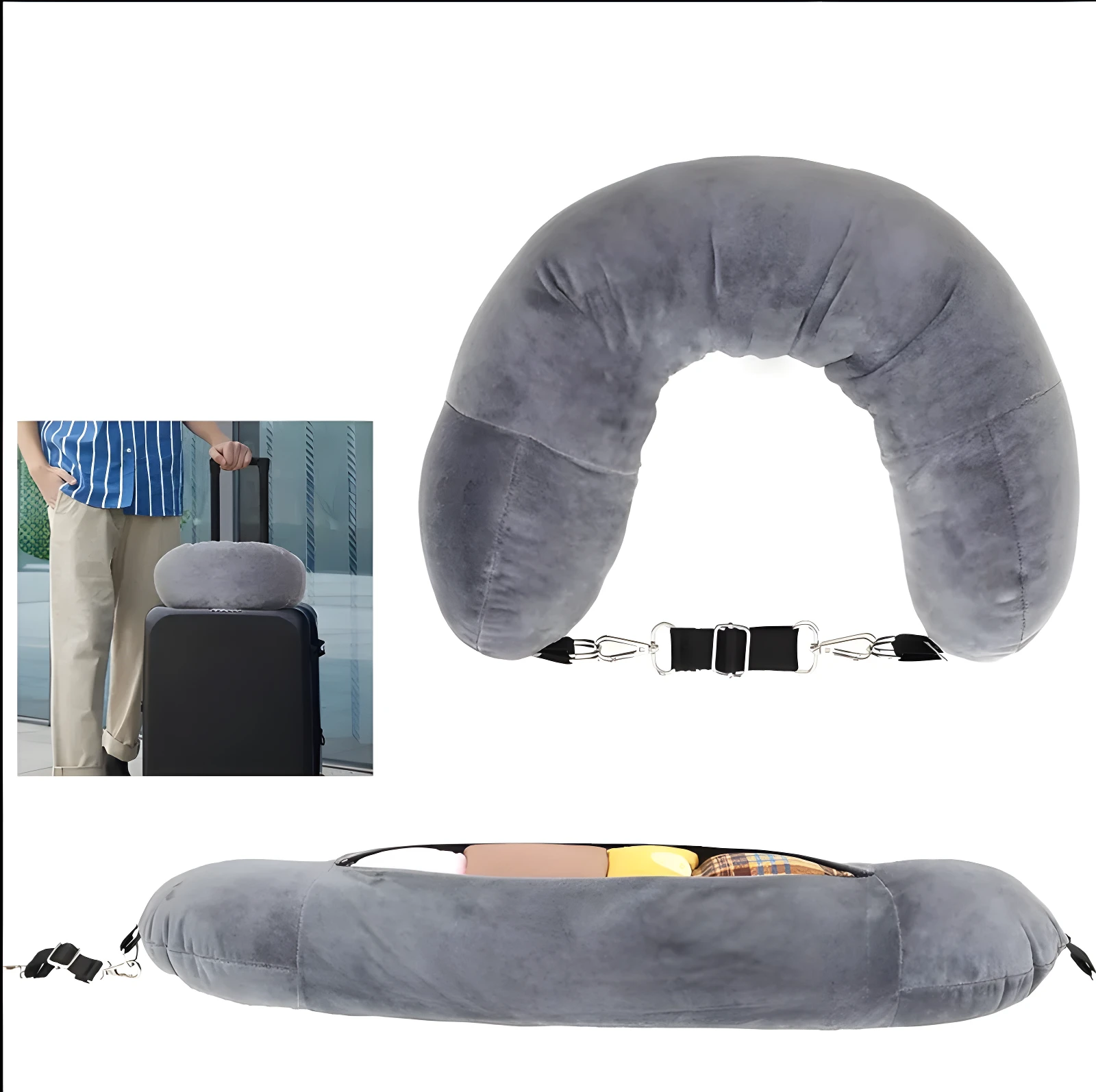 Almohada de viaje gris de terciopelo con compartimento secreto para equipaje y correas ajustables.