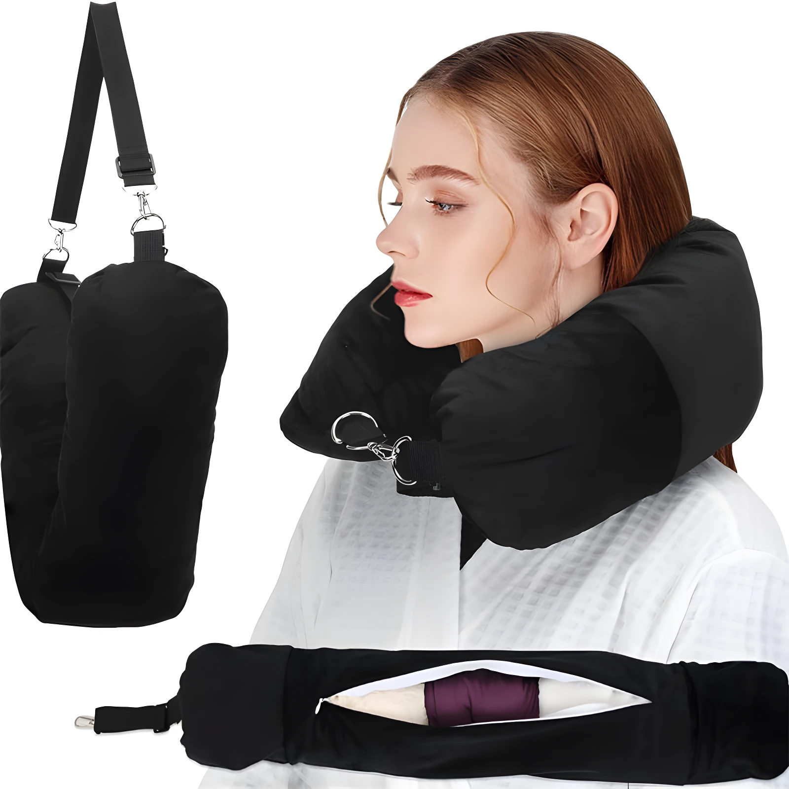 Almohada de viaje negra, compacta y con bolsa integrada para maximizar equipaje, ideal para vuelos.