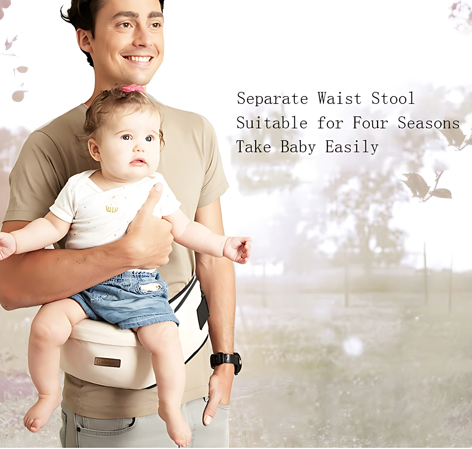 Padre sonriente carga bebé en asiento ergonómico beige, ideal para paseos cómodos.