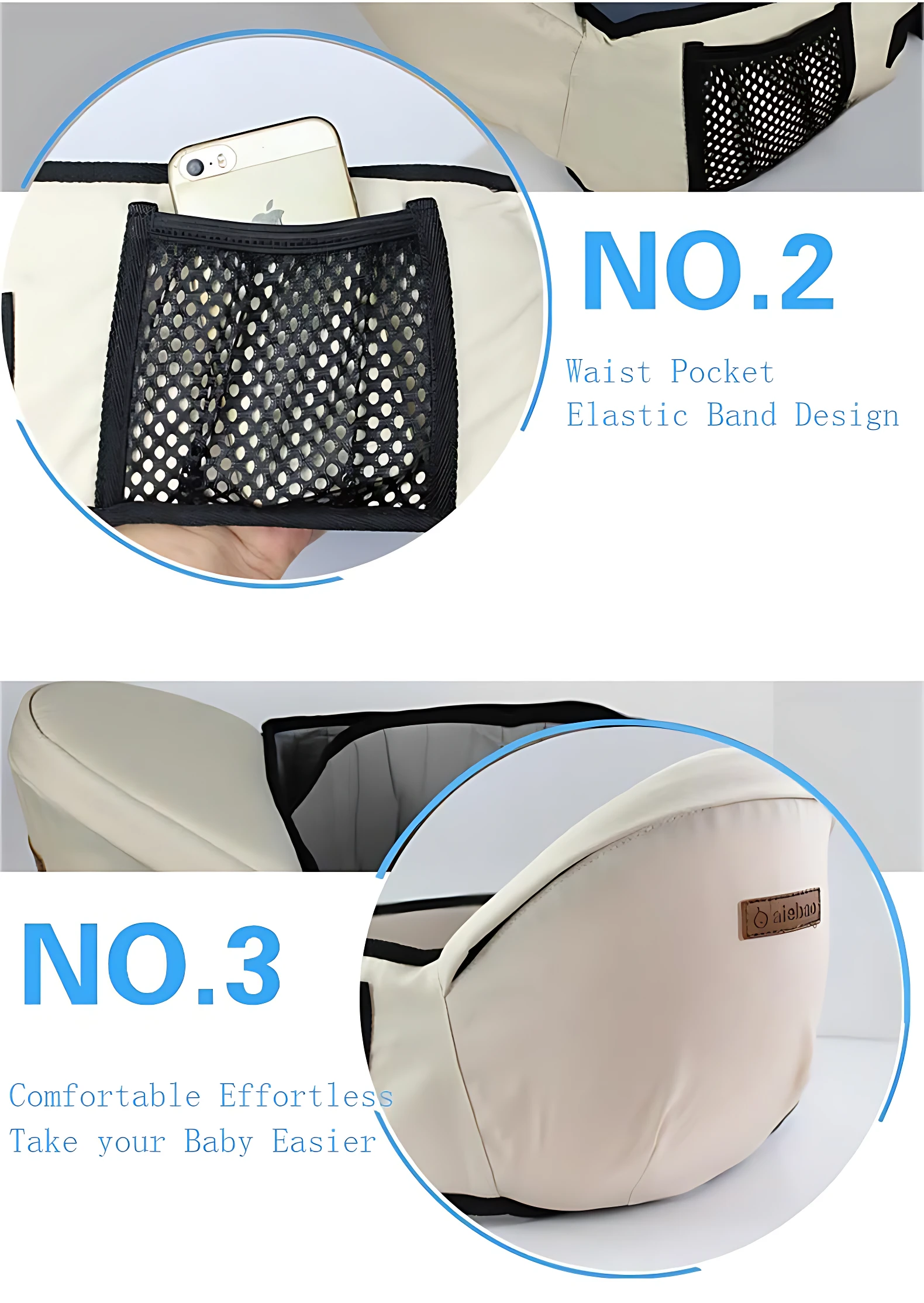 Asiento portabebés ergonómico color beige con bolsillo de malla para celular y etiqueta de marca "aiebao".