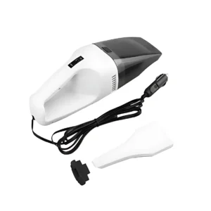 Aspiradora de coche portátil blanca y gris de 120W, con accesorios y cable de encendedor de 12V.