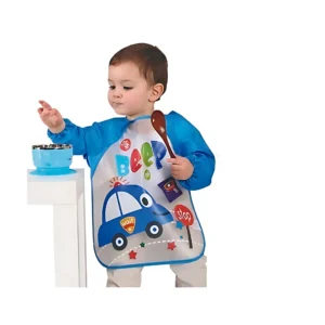 Babero delantal azul para bebé con diseño de carro de policía, incluye cuchara de madera y tazón, ideal para comer.