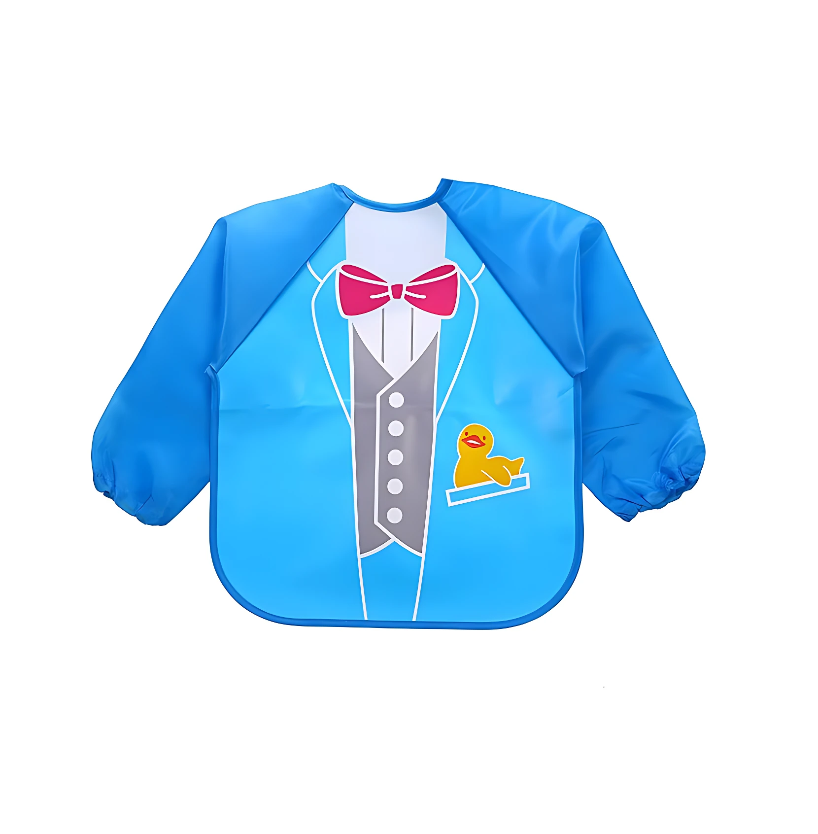 Delantal azul para bebés con diseño de traje, corbatín rojo y patito amarillo, manga larga.