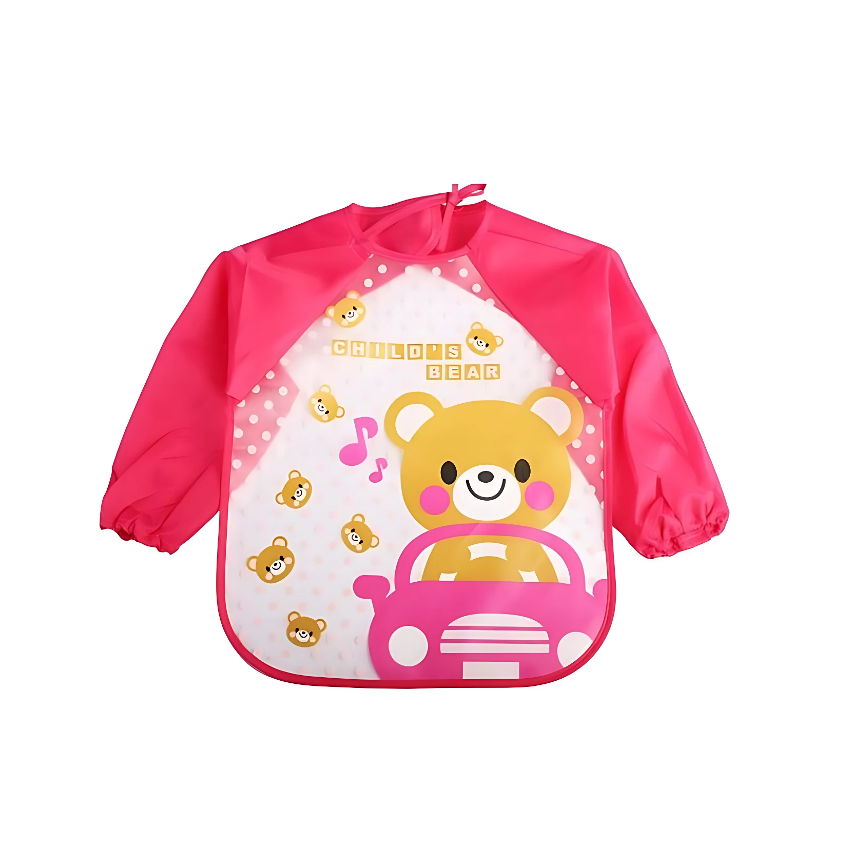 Babero delantal manga larga rosa con estampado de osito conduciendo un coche y notas musicales.