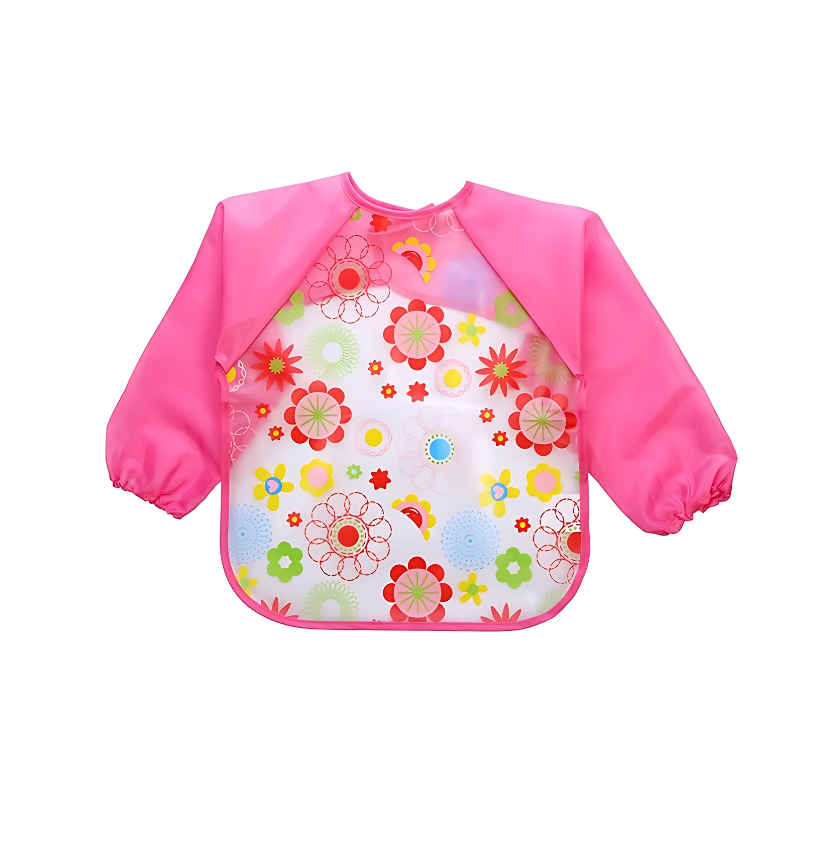 Babero delantal para bebés y niños de manga larga, color rosa, con estampado floral multicolor y bolsillo.