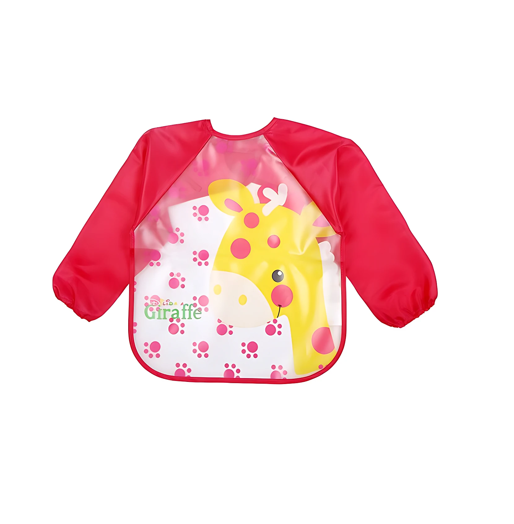 Babero delantal para bebé, manga larga roja, con estampado de jirafa y huellas.