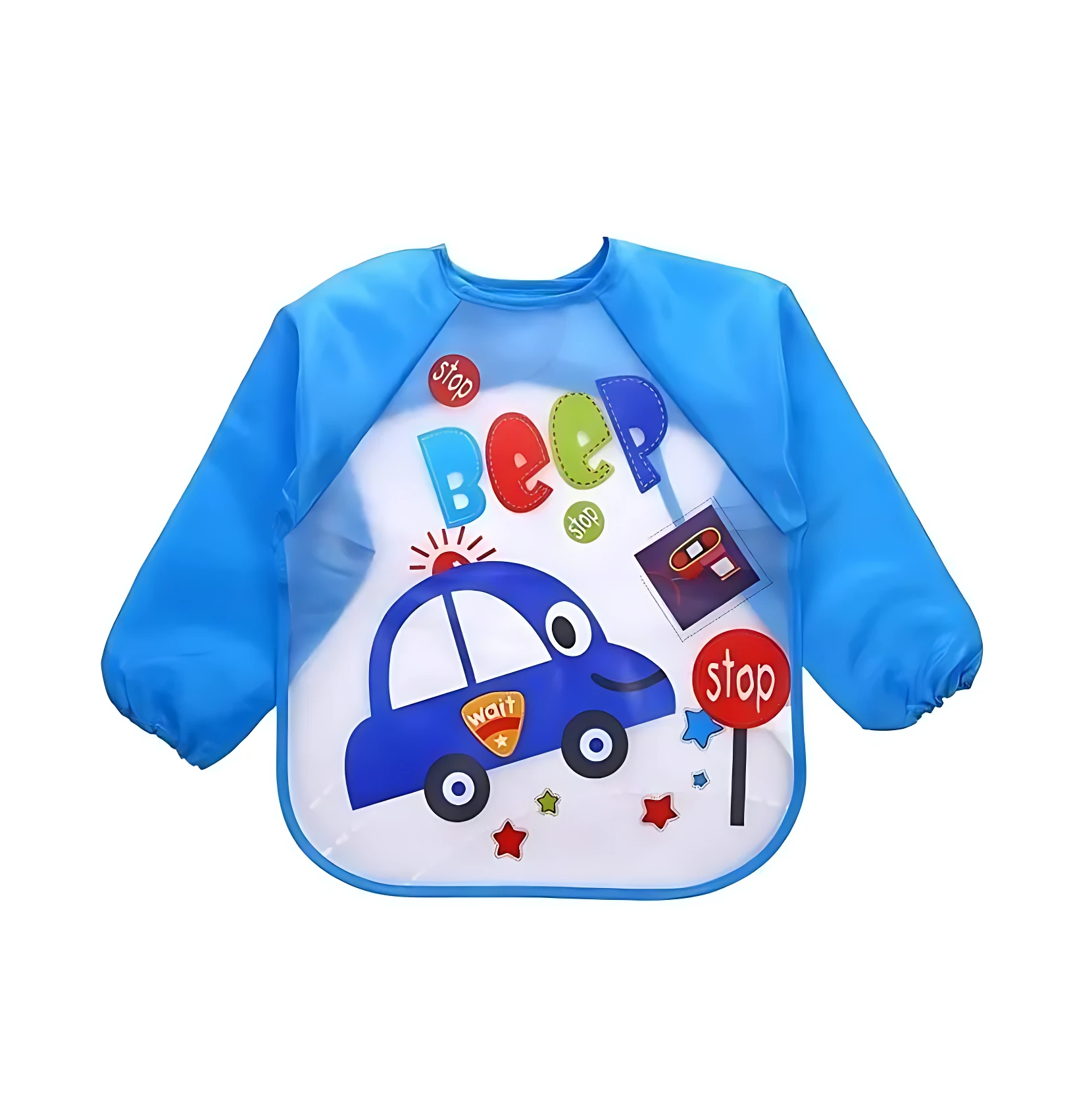Babero delantal azul manga larga para bebé con diseño de carro de policía, luces y señales de stop.