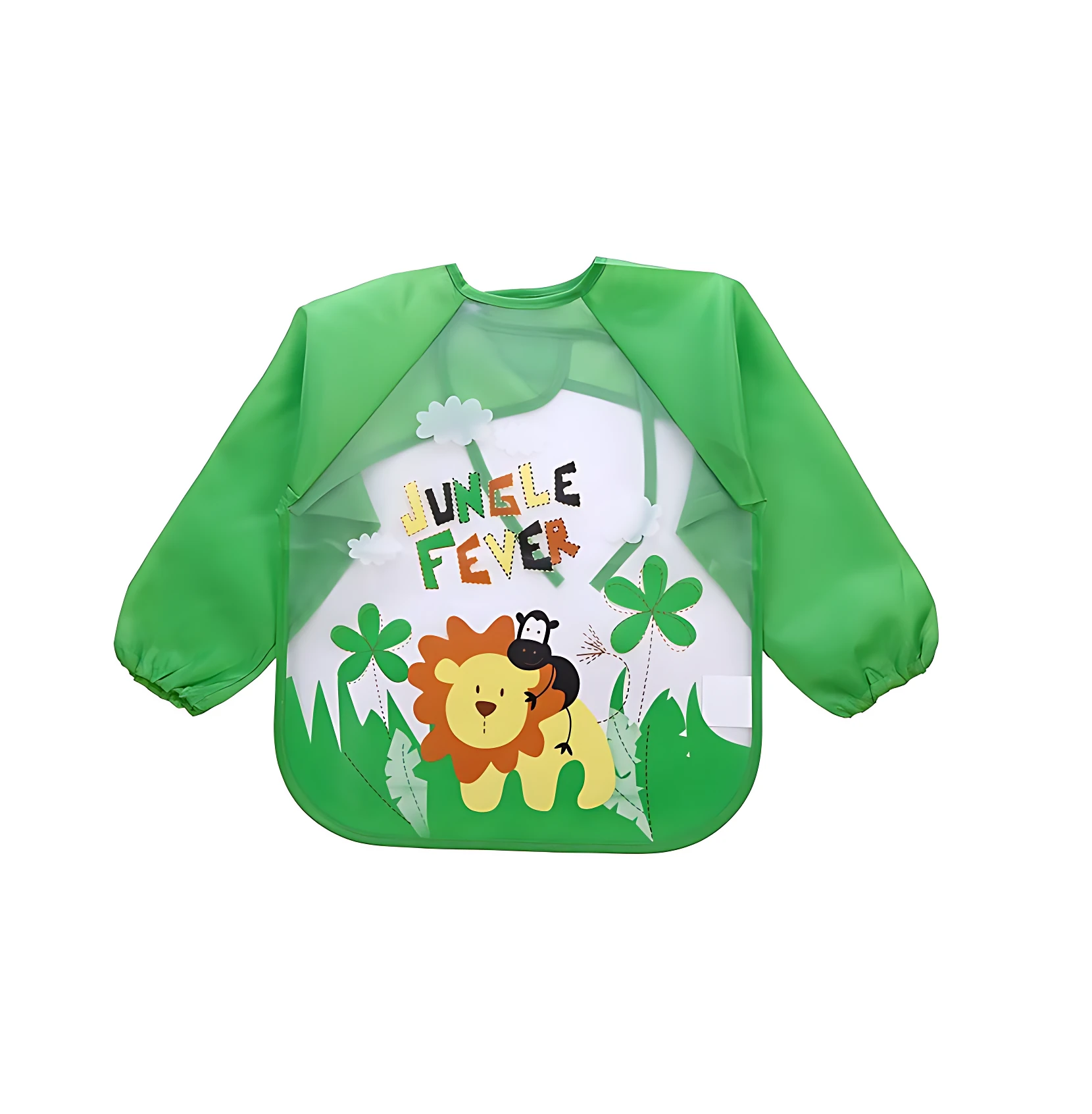 Babero delantal verde con león y mono para bebés y niños, manga larga.