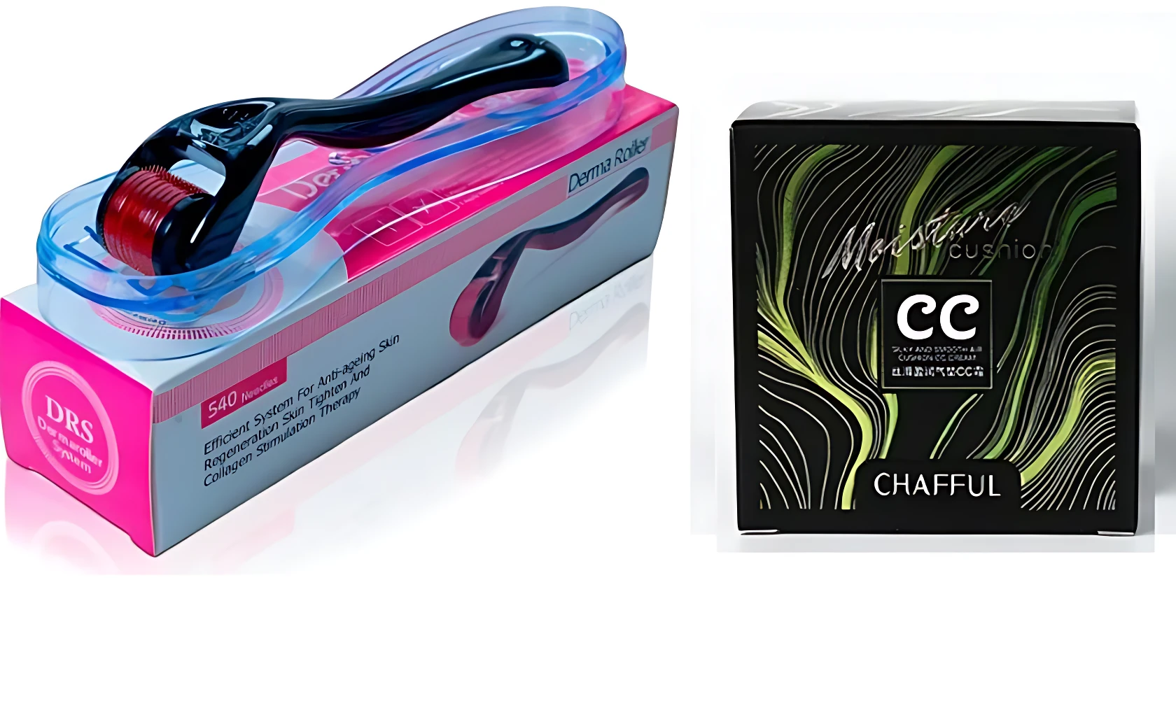 Set Derma Roller 540 agujas y CC Cushion base matificante. Mejora piel, unifica tono.